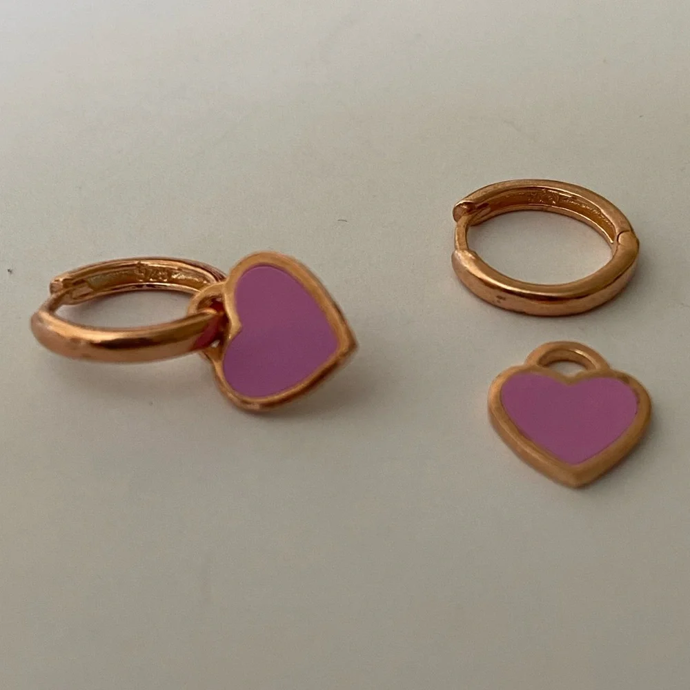 925 Silver purple enamel heart love hoops earrings 14k rose gold plated